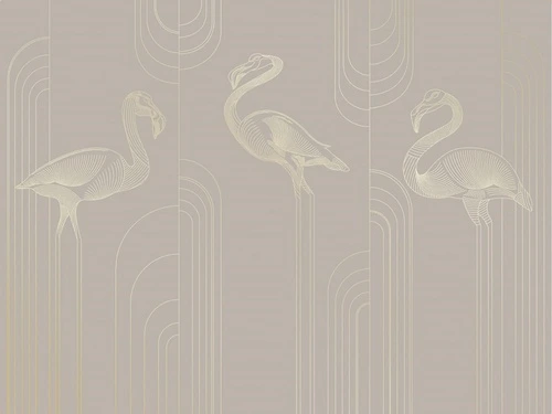 графика, золотые линии, обои с золотыми линиями, обои с золотым рисунком, фламинго, бежевые, серые