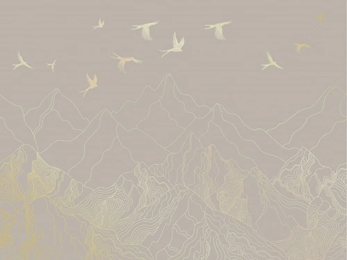 графика, золотые линии, обои с золотыми линиями, обои с золотым рисунком, горы, птицы, бежевые, серые