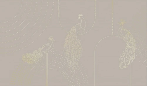 графика, золотые линии, обои с золотыми линиями, обои с золотым рисунком, павлин, бежевые, серые