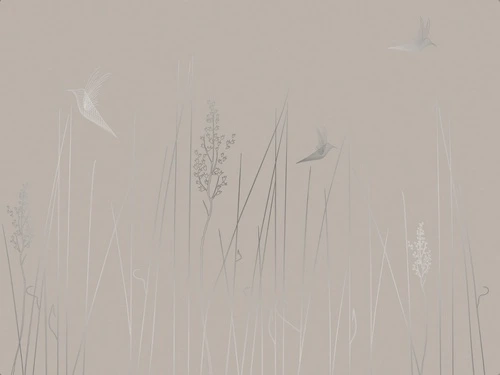 графика, линии, обои с серебром, обои с серебром для стен, обои светлые с серебром, трава, птицы, бежевые, серые