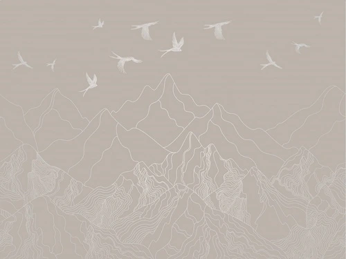 графика, линии, обои с серебром, обои с серебром для стен, обои светлые с серебром, горы, птицы, бежевые, бежевая, серая