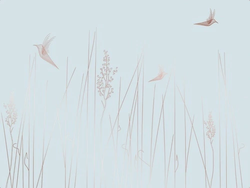 графика, линии, медные, голубые, трава, птицы