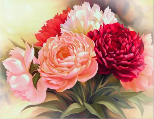 цветы, пионы, белые, букет, красные, бордовые, розовые, зеленые, бежевые, на желтоватом фоне, живописные