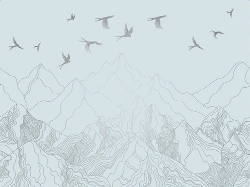 графика, линии, с серебром, голубая, горы и птицы, горы