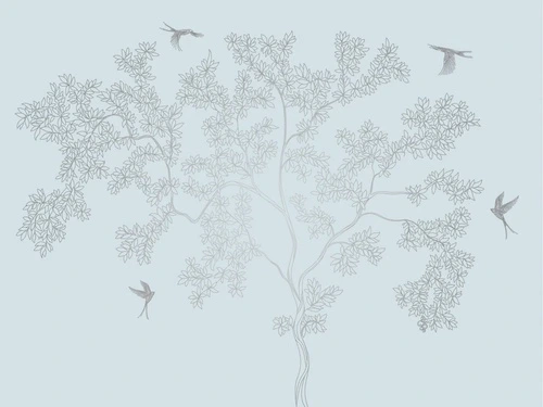графика, линии, с серебром, голубая, дерево, птицы