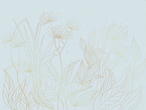 графика, золотые листья, золотые линии, обои с золотыми линиями, обои с золотом, с золотым рисунком, голубая, трава, листья