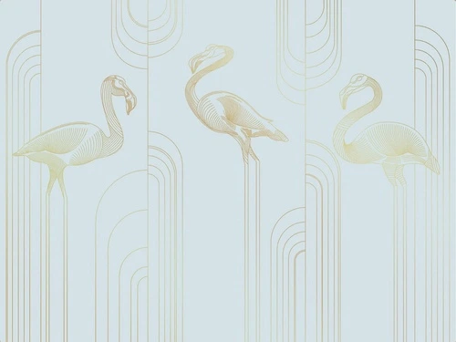 графика, золотые линии, с золотым рисунком, голубая, фламинго