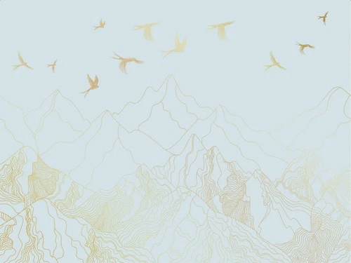графика, золотые линии, обои с золотыми линиями, обои с золотом, с золотым рисунком, голубая, горы, птицы