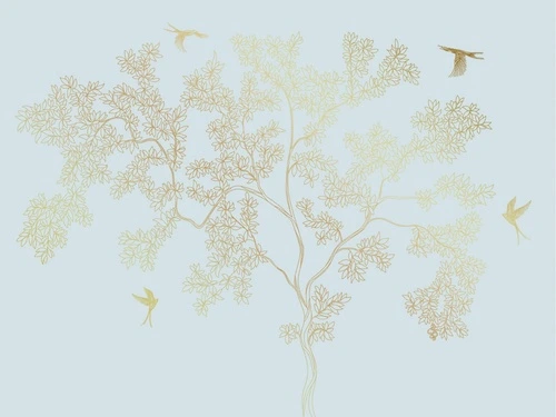 графика, золотые линии, с золотым рисунком, обои с золотыми линиями, обои с золотом, голубая, дерево, золотые листья