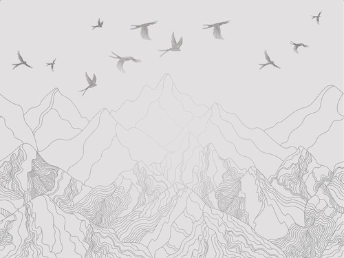 графика, линии, светлая, серая, с серебром, обои светлые с серебром, горы и птицы, горы