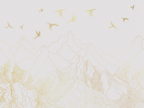 графика, золотые линии, светлая, серая, обои с золотыми линиями, с золотым рисунком, горы и птицы, горы
