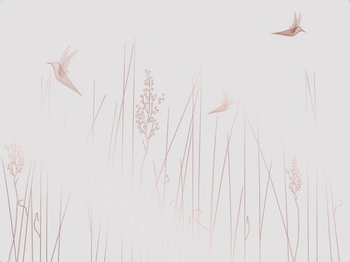 графика, медные обои, трава, птицы