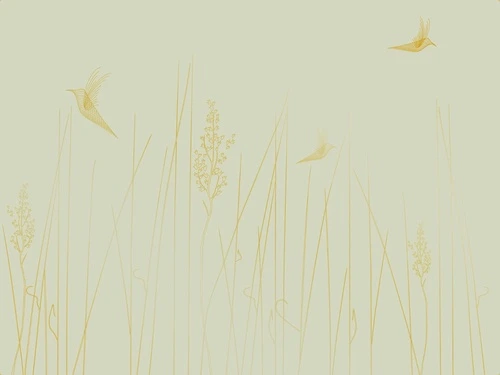 графика, золотые линии, обои с золотыми линиями, обои с золотым рисунком, зеленая, трава, птицы