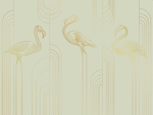 графика, золотые линии, обои с золотыми линиями, обои с золотым рисунком, зеленая, фламинго