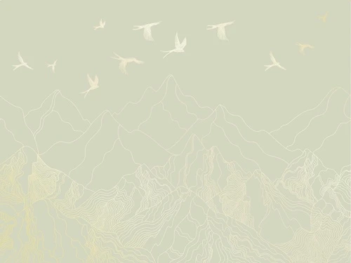 графика, золотые линии, обои с золотыми линиями, обои с золотым рисунком, зеленая, горы, птицы