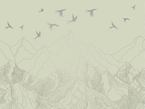гафика, с серебром, линии, обои с серебром, обои с серебром для стен, обои светлые с серебром, зеленая, горы, птицы