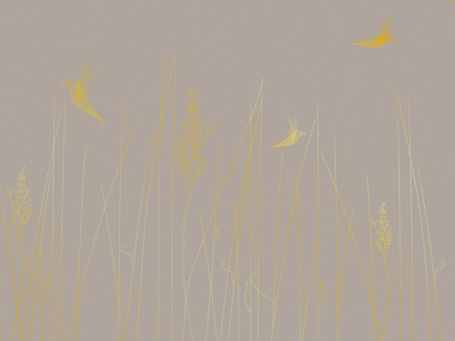 графика, золотые линии, бежевые, темные, трава, птицы