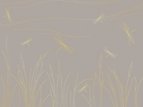 графика, золотые линии, бежевые, коричневые, обои графикой, трава, стрекоза