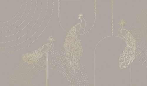 графика, павлин, бежевые, коричневые, золотые линии, обои графикой