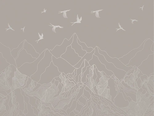 графика, линии, с серебром, горы, птицы, обои с серебром, обои с серебром для стен, бежевые, коричневые