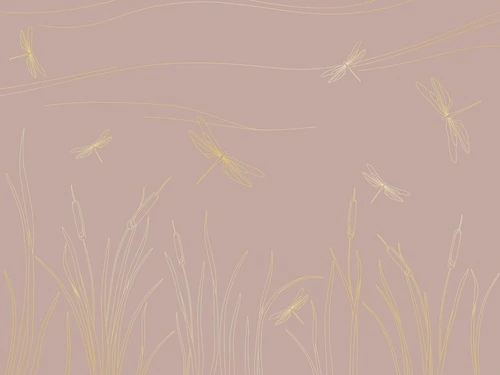 графика, золотые линии, розовая, трава, стрекоза