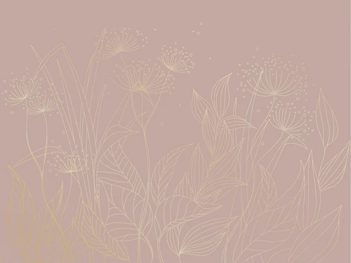 графика, розовая, золотые линии, трава, листья