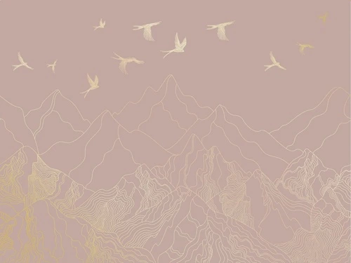 графика, розовая, горы, птицы, золотые линии, обои с золотыми линиями, обои с золотым рисунком