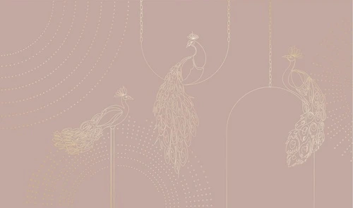 графика, розовая, павлин, золотые линии