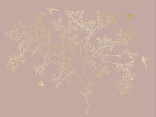 графика, золотые линии, розовая, дерево, листья