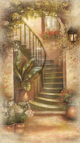 уличный фонарь, растения, листья, камень, арка, цветы, лестница, улица, трещины