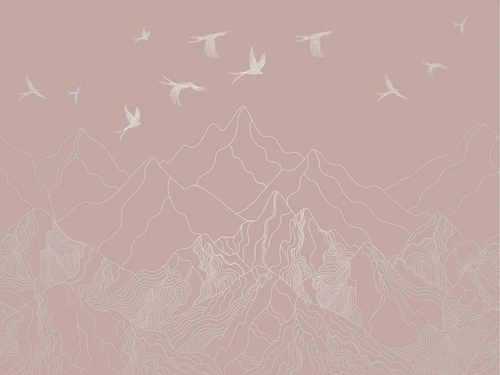 графика, розовая, линии, горы, птицы, с серебром, обои с серебром, обои с серебром для стен