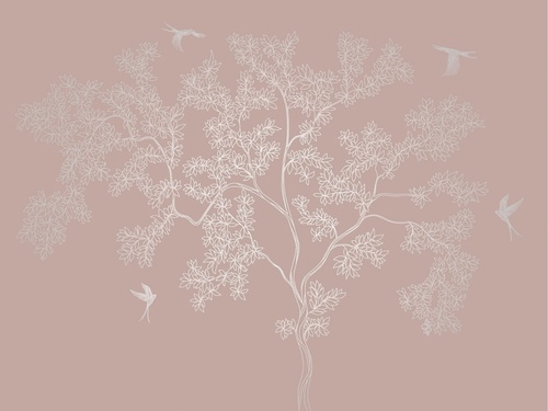 графика, дерево, розовая, линии, с серебром, листья