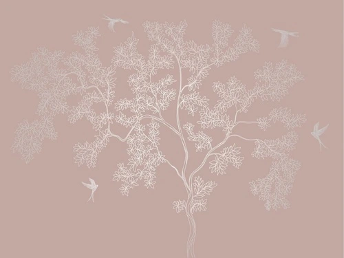 графика, дерево, розовая, линии, с серебром, листья