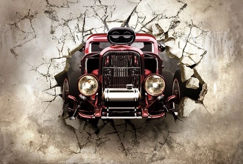 в детскую комнату, автомобиль, ретро, тюнинг, 3d, сквозь стену, эффект разрушения, брутальный стиль, красные, динамика, мужской интерьер, гараж, в подростковую комнату, для мальчика, эффектные, акцентные