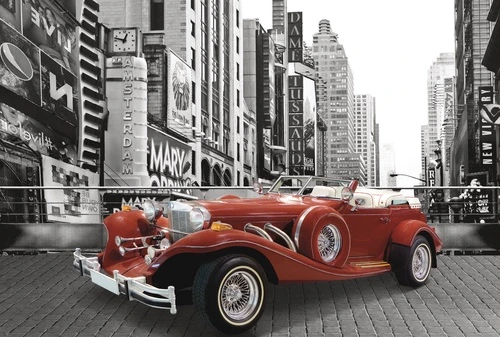 ретро автомобиль, кабриолет, красные, Нью-Йорк, Таймс-сквер, городской стиль, черно-белые, акцентные элементы, в подростковую комнату, для мальчика, эффектные, динамика, стиль 50-х, улицы города, контраст, интерьер, брутальный шик