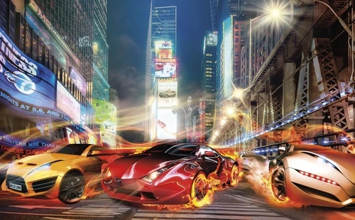 спортивные автомобили, огонь, гонка, огненные, ночной город, яркие, динамика, неон, городской пейзаж, в подростковую комнату, для мальчиков, эффектные, акцентные, современные, широкоформатные