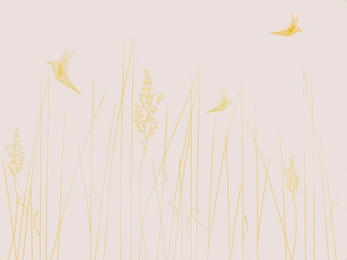 графика, розовая, светлая, золотые линии, трава, птицы