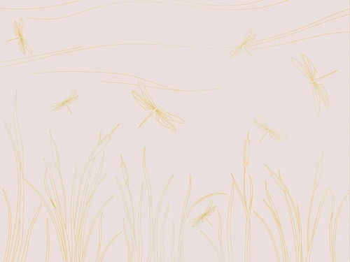 графика, розовая, светлая, золотые линии, трава, стрекоза