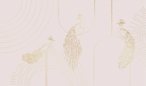 графика, розовая, светлая, золотые линии, павлины