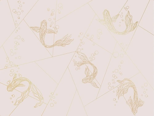 графика, розовая, светлая, золотые линии, рыбы