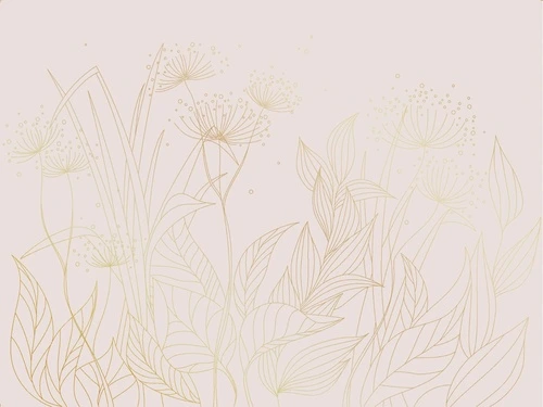 графика, розовая, светлая, золотые линии, трава, золотые листья