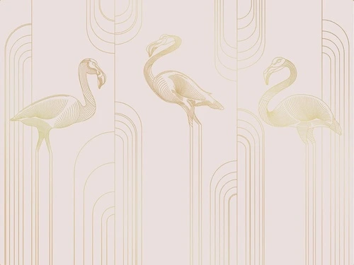 графика, розовая, светлая, золотые линии, фламинго