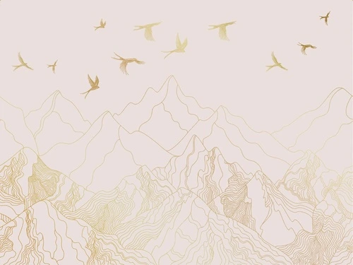 графика, розовая, светлая, золотые линии, горы, птицы