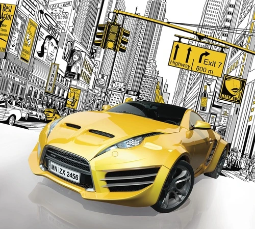 машина, спорткар, жёлтые, город, небоскрёбы, комикс-стиль, графика, чёрно-белые, яркие, стильные, динамичные, акцентные, в подростковую комнату, для мальчиков, 3d, современный дизайн, транспорт
