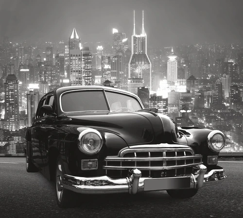 ретро автомобиль, черно-белые, винтаж, городской пейзаж, небоскрёбы, классика, ночь, стильные, урбанистика, мужской интерьер, для офиса, для гостиной, акцентные, 3d, транспорт, ностальгия