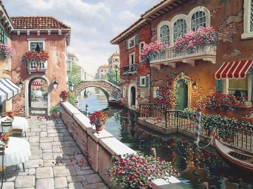 канал, мост, цветы, венецианский стиль, Италия, живопись, уютный дворик, кафе на улице, балконы с цветами, романтика, старая Европа, лето, гондола, архитектура, красные стены, терракота, пейзаж, яркие цвета, искусство, прованс, путешествия, вдохновение