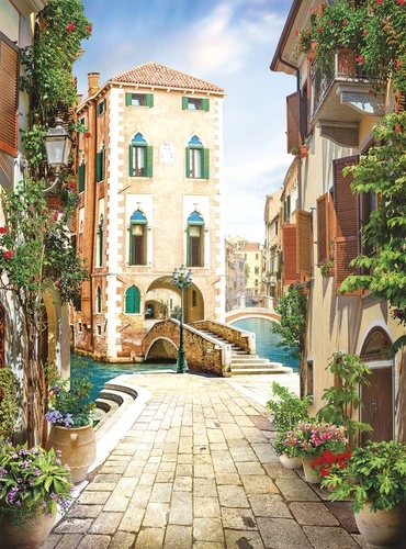 венеция, мост, канал, цветы, балконы, уютный дворик, архитектура, лето, яркие фасады, зелень, мощеная улица, фонарь, городской пейзаж, романтика, италия, для кухни, в прихожую, средиземноморский стиль, панорамный вид, уличная сцена