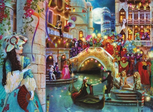 венеция, карнавал, маски, костюмы, гондолы, мост, ночь, фонари, праздник, фейерверки, яркие краски, живопись, фантазия, архитектура, исторический стиль, романтика, театр, искусство, для гостиной, сказочная атмосфера