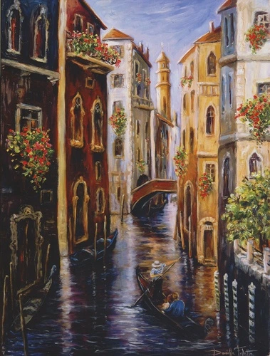 венеция, живопись, масляная техника, гондолы, канал, мост, старинные дома, балконы с цветами, отражения в воде, узкая улица, архитектура, теплые цвета, художественный стиль, романтика, италия, уютная атмосфера, для гостиной, в прихожую, городской пейзаж, европейская классика