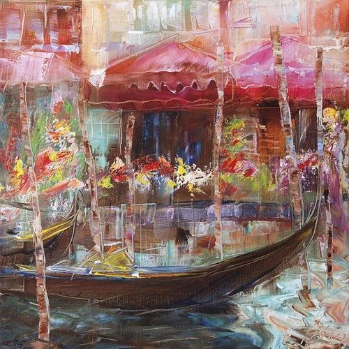 венеция, гондолы, абстракция, живопись, яркие краски, цветы, вода, городской пейзаж, художественный стиль, импрессионизм, лодки, канал, италия, кафе на набережной, насыщенные цвета, декоративная композиция, для гостиной, в столовую, творчество, современное искусство